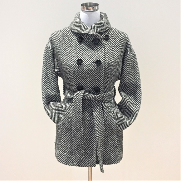 LOFT Jackets & Blazers - Loft Belted Pea Coat Herringbone Black White